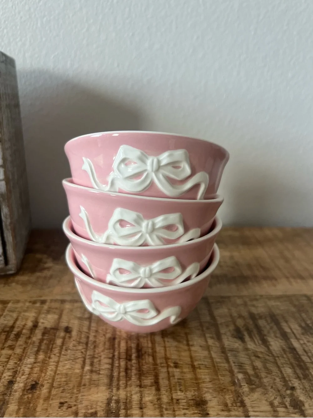 New 4pc Pink Bow Stoneware Small Bowl Set